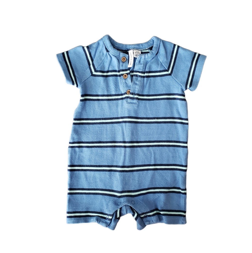 Janie and Jack 3-6m Blue Striped Short Sleeve Henley One Piece Romper